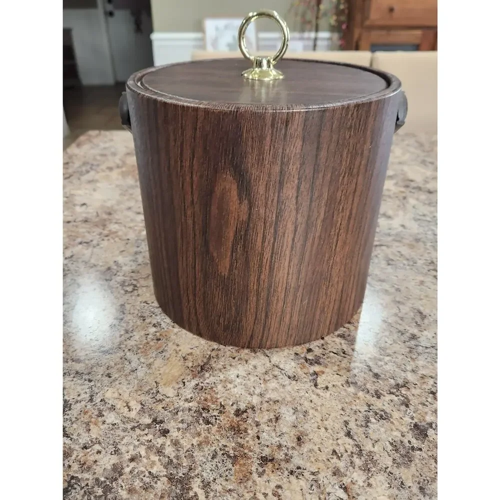 Ice Bucket Vintage Retro 1970s Vinyl Faux Wood Grain look